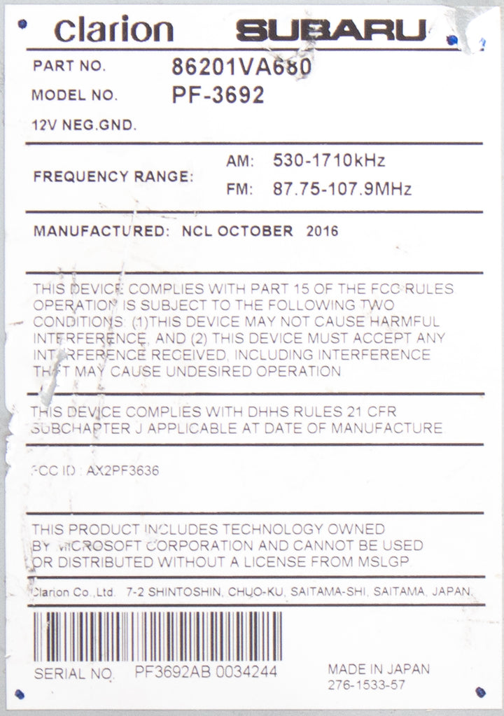 2017-18 Subaru WRX AM FM SAT Radio CD Multimedia Player 86201VA680