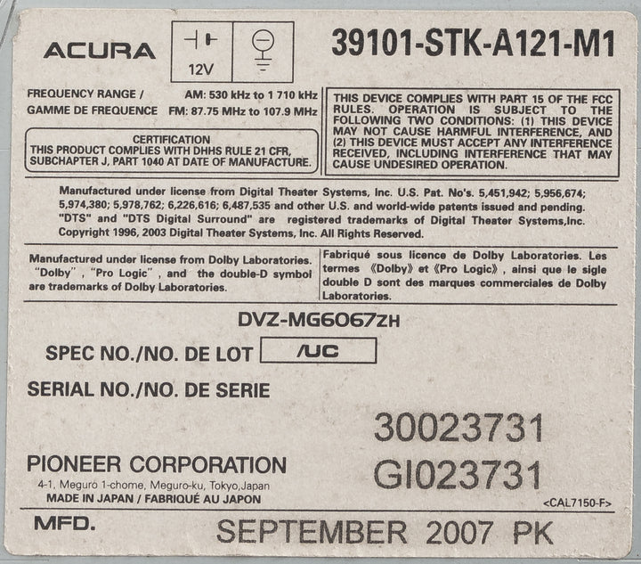 2008-09 Acura RDX AM FM Radio 6 Disc CD MP3 Player Aux Input