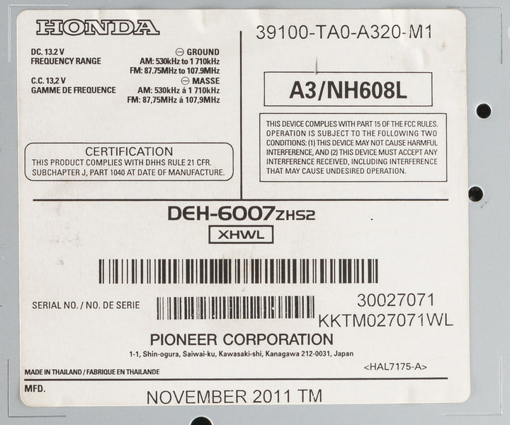 2010-2012 Honda Accord AM FM Radio 6 Disc CD MP3 39100-TA0-A320-M1 2010-2012 Honda Accord AM FM Radio 6 Disc CD MP3 39100-TA0-A320-M1