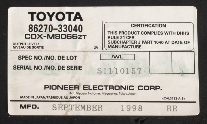 1997-2001 Lexus ES300 6-Disc Cartridge CD Player Changer Part