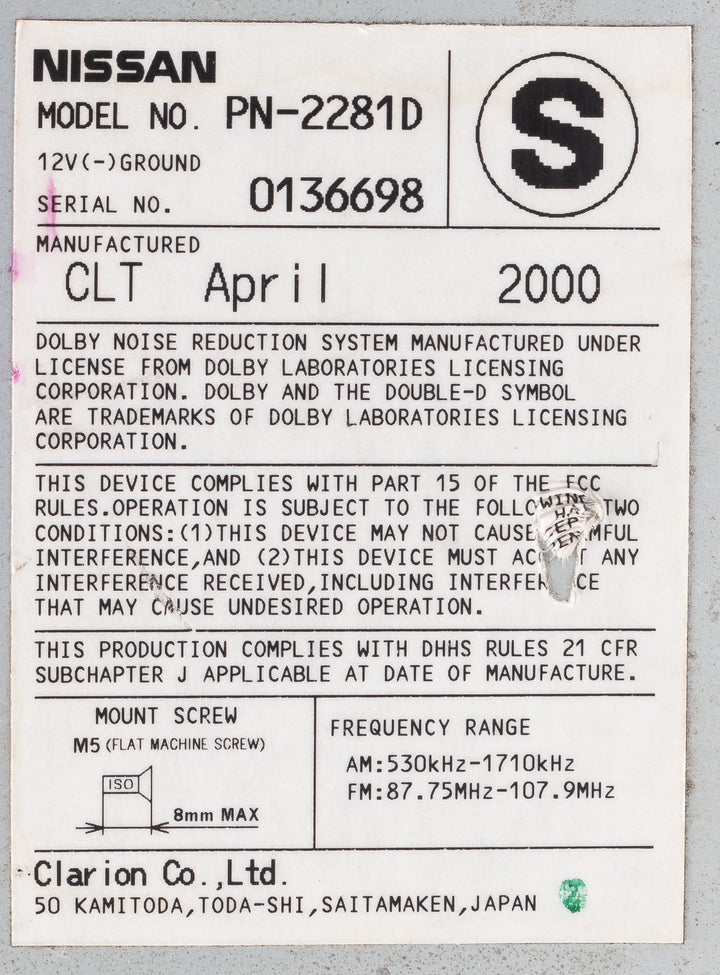 2000 Nissan Maxima AM FM Radio CD Player Cassette Model Number