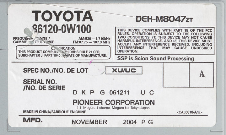 2004-05 Scion Xa Xb AM FM SAT Radio CD MP3 Player Model ID