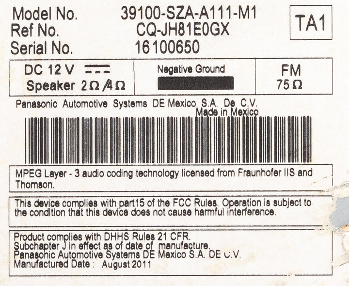 2012 Honda Pilot AM FM Radio CD MP3 Player ID Number 39100-SZA