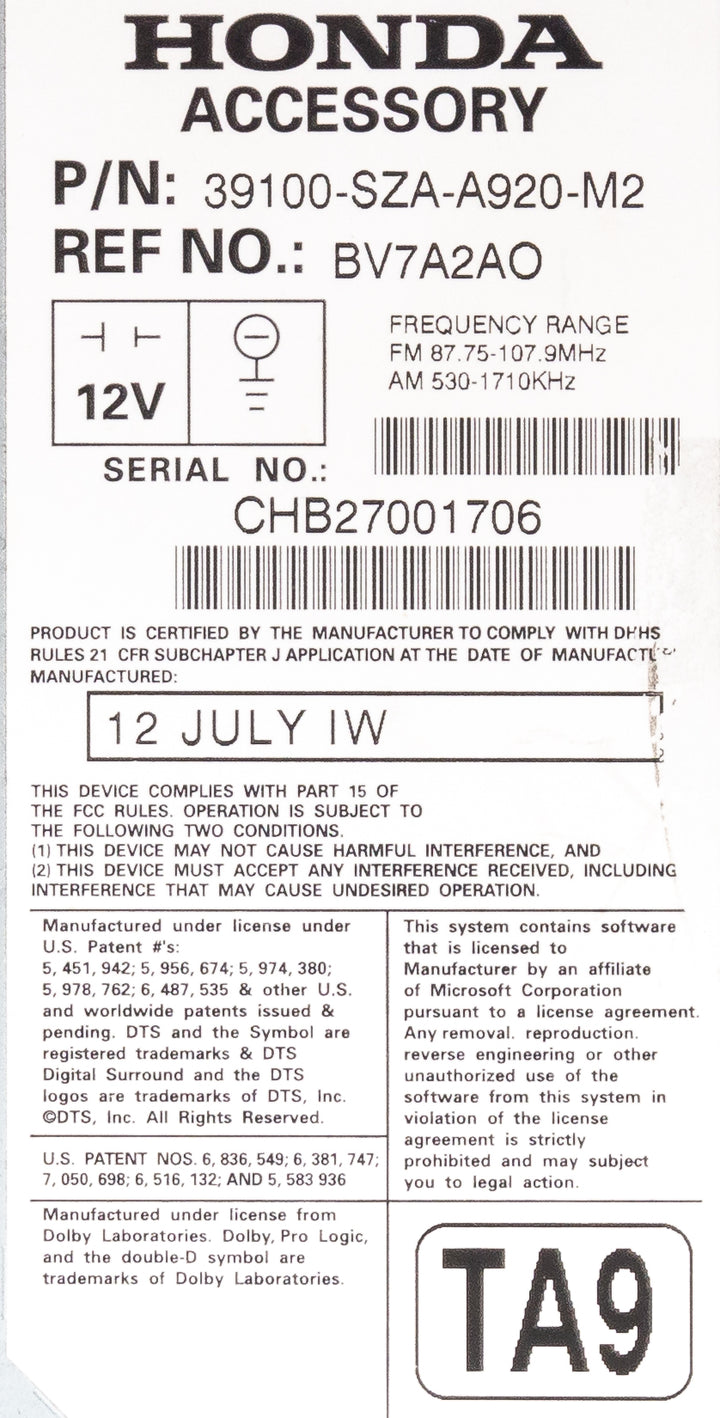 2013-15 Honda Pilot AM FM SAT Radio CD MP3 Player Model Number