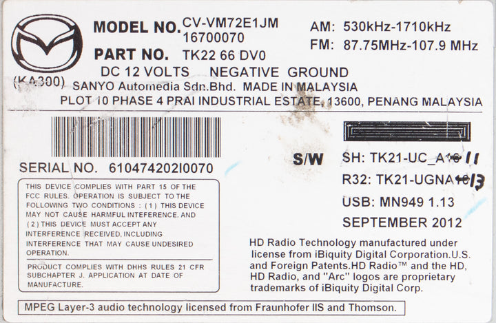 2013-15 Mazda CX-9 AMFM Radio CD Multimedia Player BT Navigation