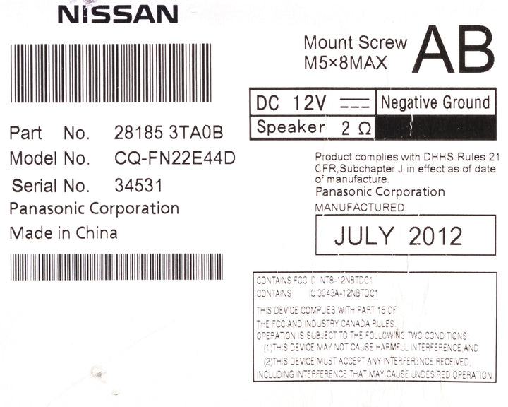 2013 Nissan Altima AM FM SAT Radio CD MP3 Player Aux Input