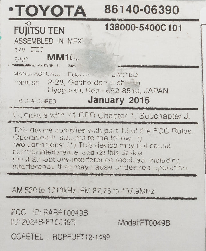 2015 Toyota Camry AM FM Radio Single Disc CD Player 86140-06390