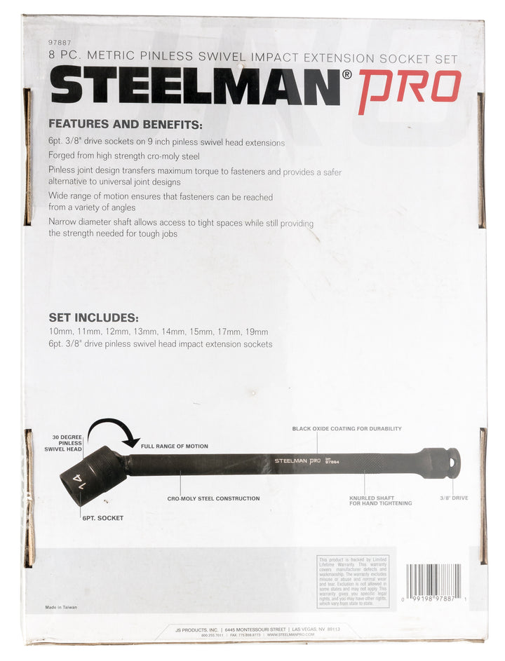 Steelman Pro 8PC Metric Pinless Swivel Impact Extension Socket Set